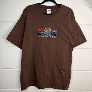 Vintage XL Native Cherokee Embroidered Short Sleeve T Shirt Brown 100% Cotton